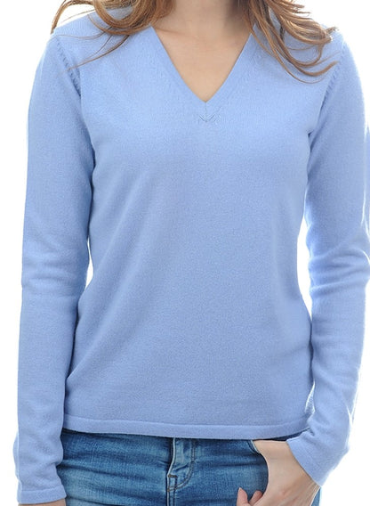Balldiri 100% Kaschmir Pullover Damen V-Ausschnitt 2-fädig himmelblau M - Balldiri & Windhound