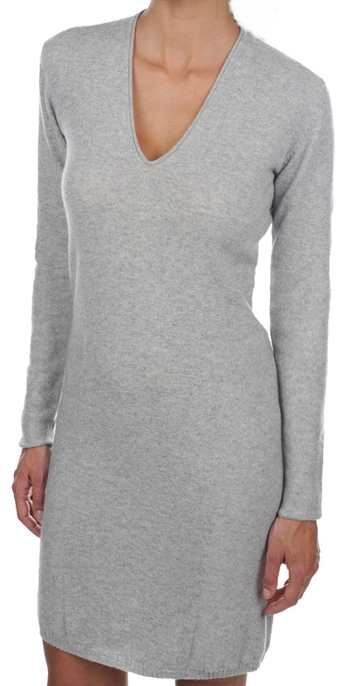 Balldiri 100% Kaschmir Kleid  V-Ausschnitt Damen 2-fädig hellgrau M - Balldiri & Windhound