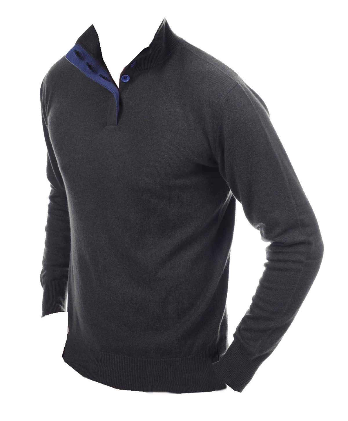 Balldiri Kaschmir Pullover Herren 2XL 100% Kaschmir Polo Knöpfe 2-fädig Anthrazit/Kobaltblau - Balldiri & Windhound