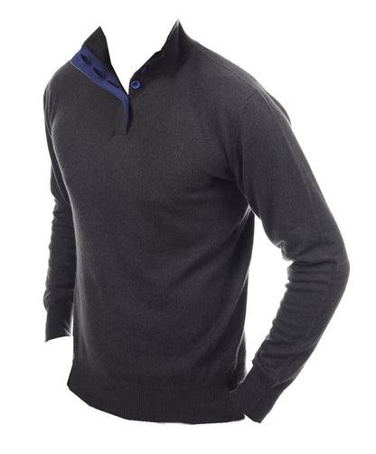 Balldiri Kaschmir Pullover Herren 2XL 100% Kaschmir Polo Knöpfe 2-fädig Anthrazit/Kobaltblau - Balldiri & Windhound