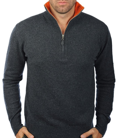 Balldiri 100% Kaschmir Herren Langarm Pullover Troyer Kontrastkragen 2-fädig - Balldiri & Windhound