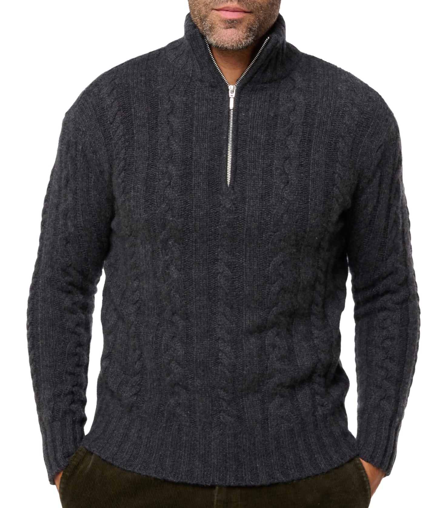 Balldiri 100% Kaschmir Herren Troyer Pullover Stehkragen Zopfmuster 10-fädig - Balldiri & Windhound