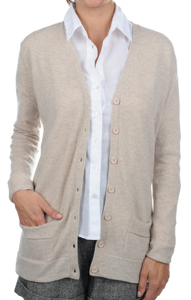 Balldiri 100% Kaschmir Damen Strickjacke V-Ausschnitt 2-fädig beige M - Balldiri & Windhound