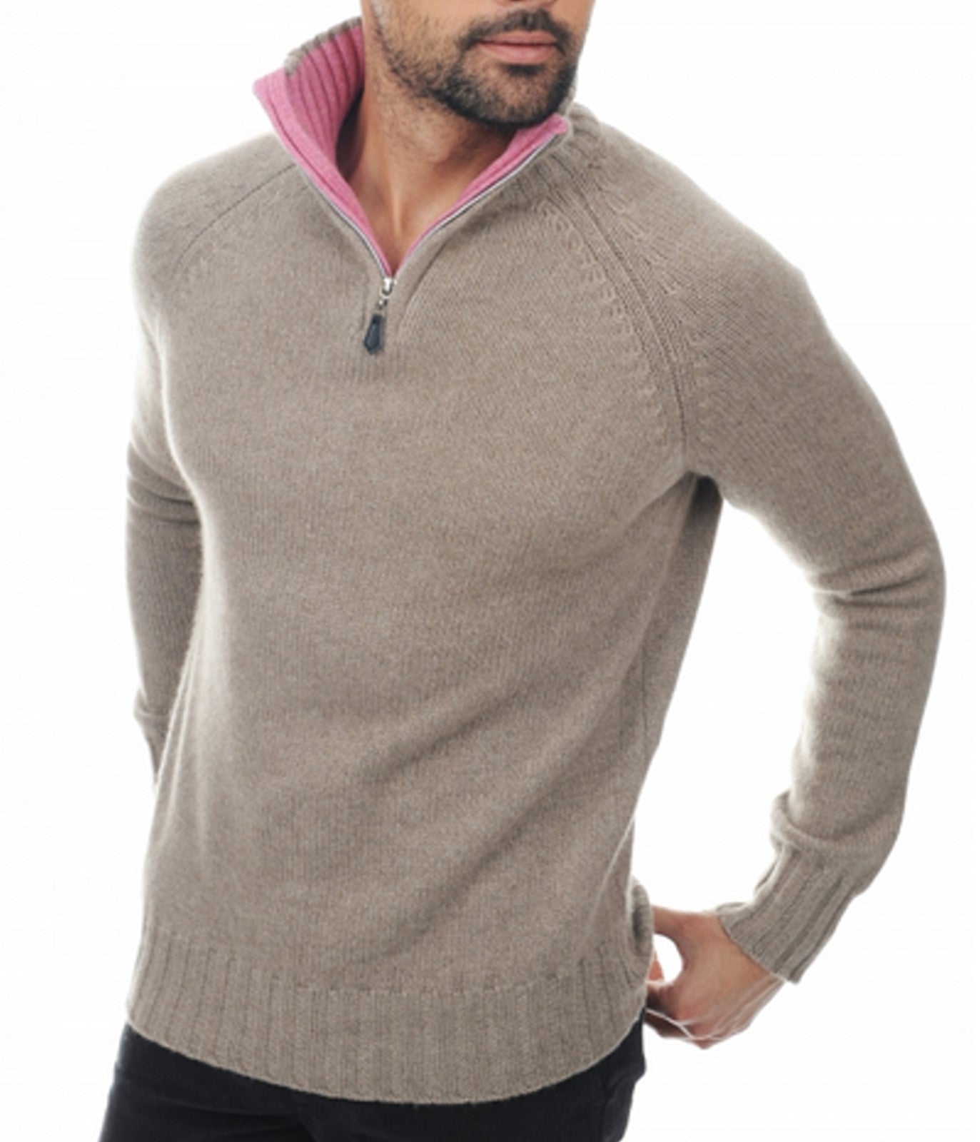 Balldiri 100% Kaschmir Herren Pullover Troyer Langarm Kontrastkragen 8-fädig - Balldiri & Windhound