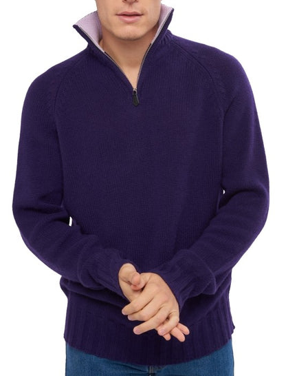 Balldiri 100% Kaschmir Herren Pullover Troyer Langarm Kontrastkragen 8-fädig - Balldiri & Windhound