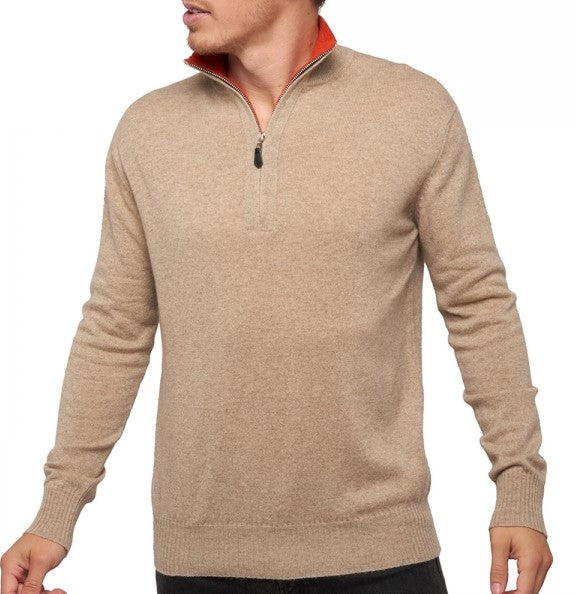 Balldiri 100% Kaschmir Herren Langarm Pullover Troyer Kontrastkragen 2-fädig - Balldiri & Windhound