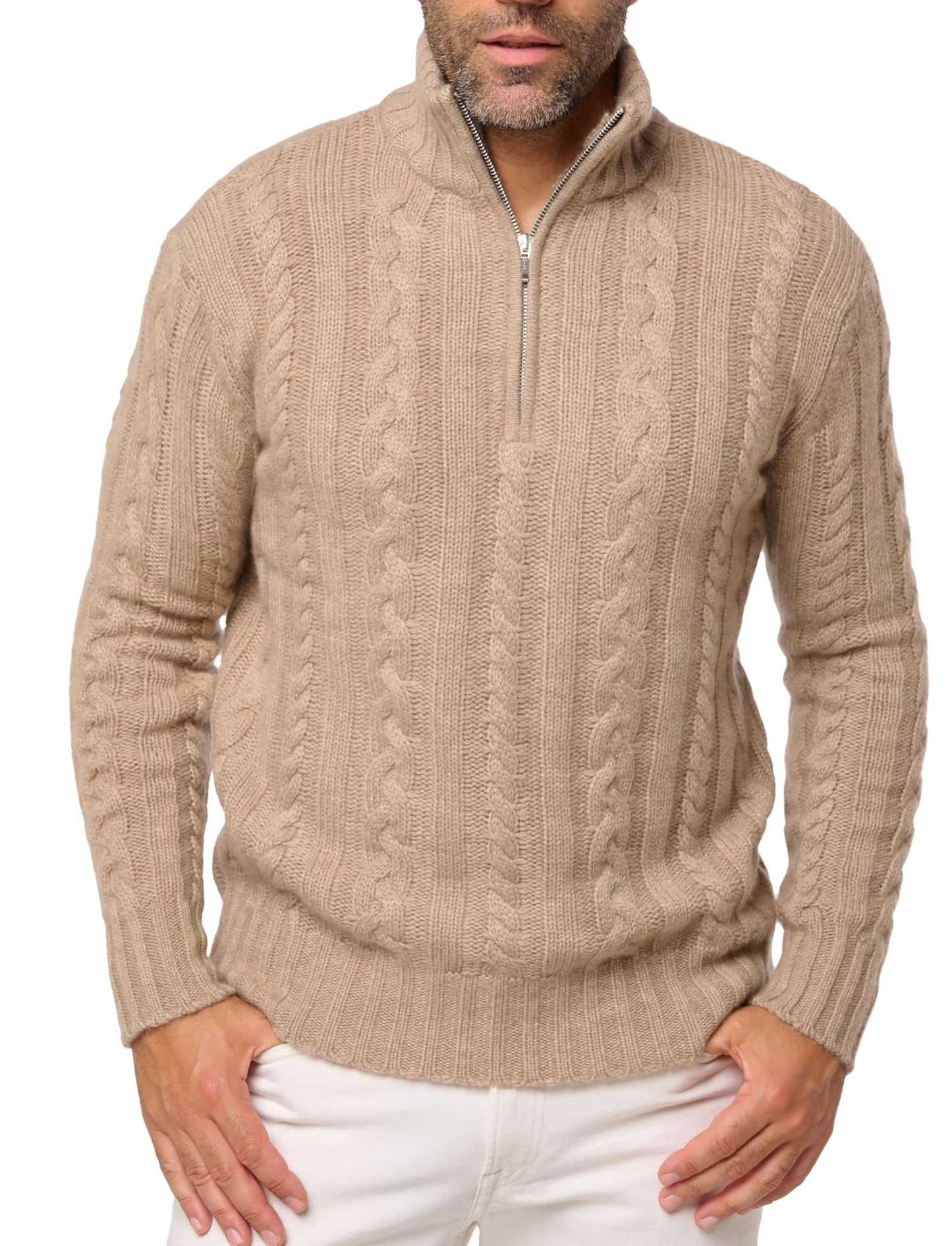 Balldiri 100% Kaschmir Herren Troyer Pullover Stehkragen Zopfmuster 10-fädig - Balldiri & Windhound