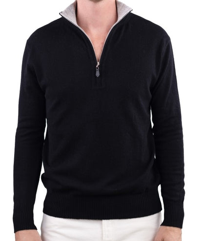 Balldiri 100% Kaschmir Herren Langarm Pullover Troyer Kontrastkragen 2-fädig - Balldiri & Windhound